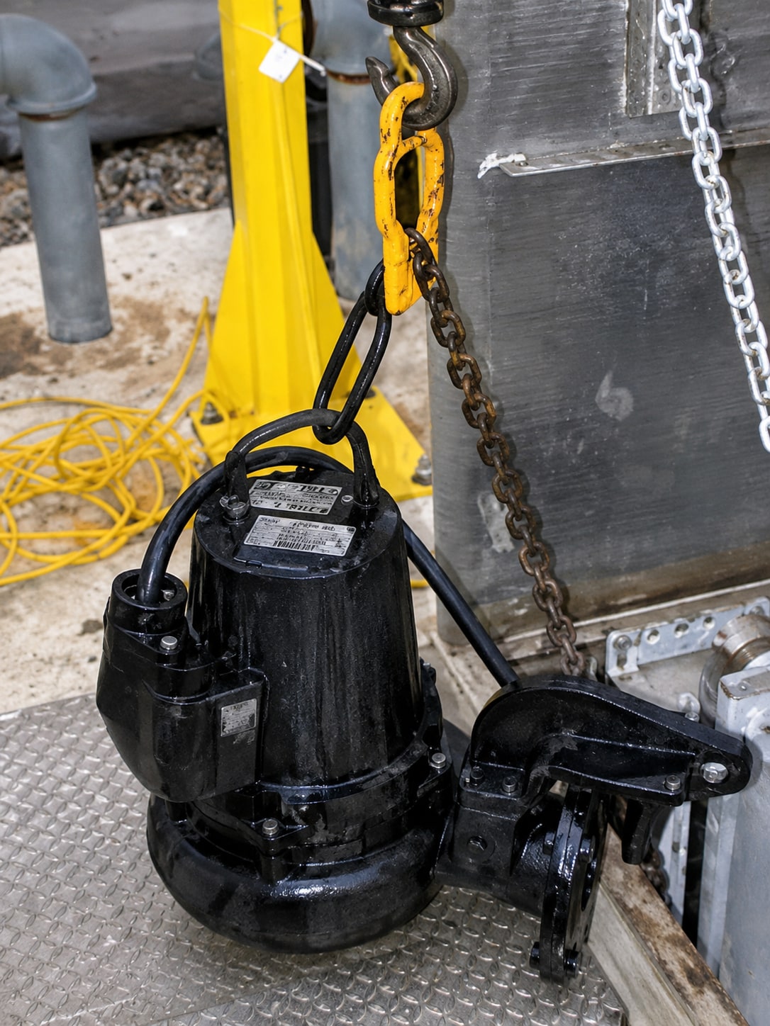 a submersible pump lifted on a chain hoist with the eme Grip Eye attachment during a pump extraction