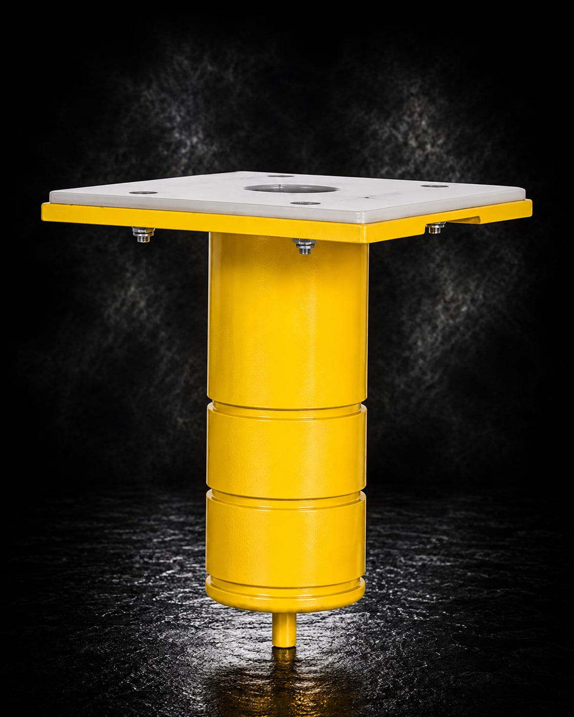eme flush mount socket — recessed yellow steel cylinder with surface-level top plate