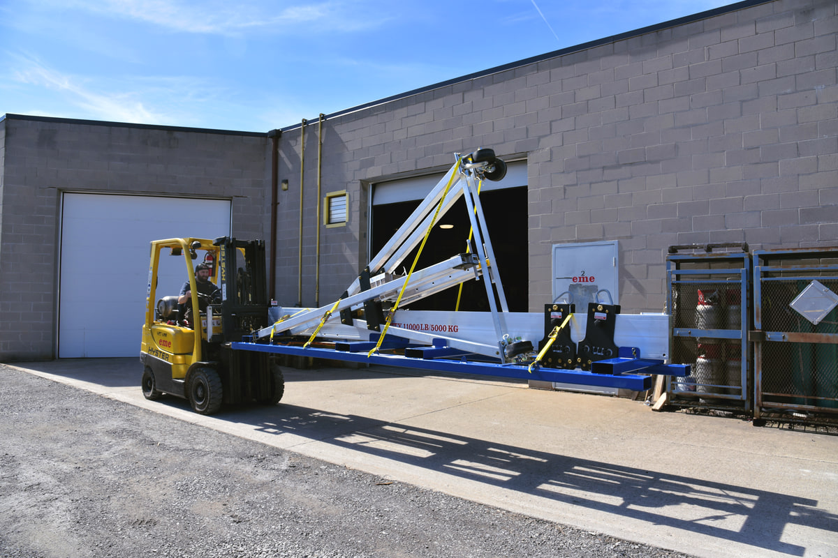 eme steel gantry transport frame, loaded and palletized for multi-site shipping